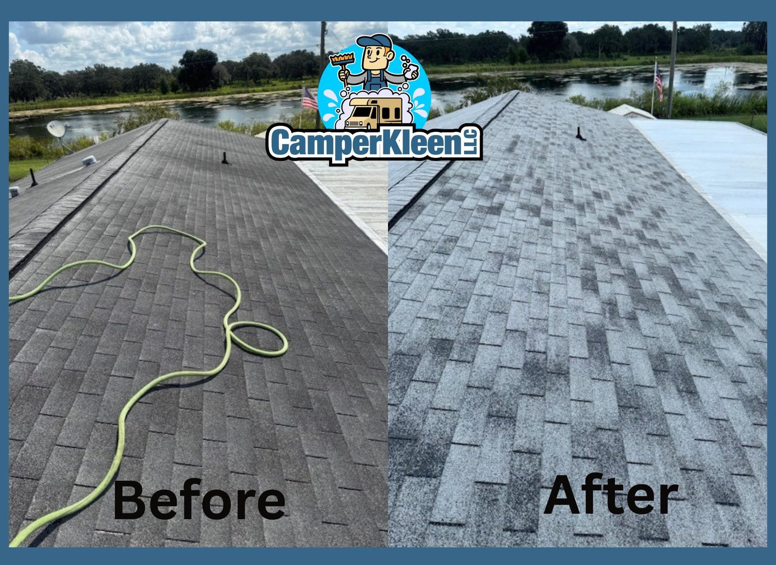 Before-and-after of an RV shingle roof wash by CamperKleen